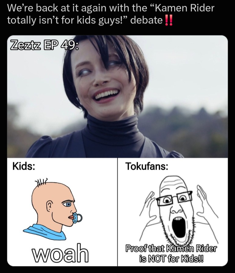 X post using The Lady's disturbing appearance in Kamen Rider Zeztz 49 to joke about fans claiming dark moments prove Kamen Rider is not for children.