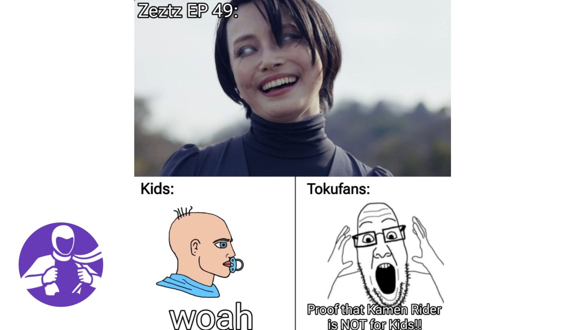 X post using The Lady's disturbing appearance in Kamen Rider Zeztz 49 to joke about fans claiming dark moments prove Kamen Rider is not for children.