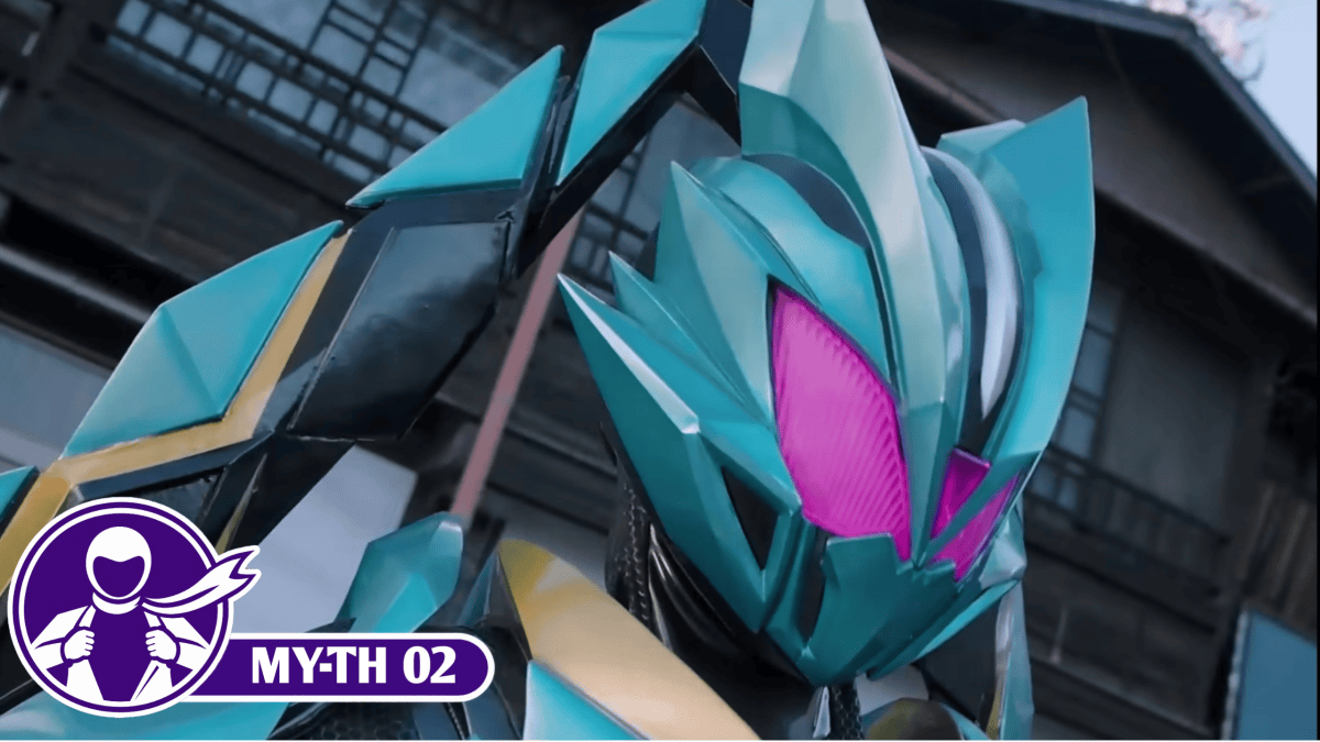Close-up of Kamen Rider Datt's turquoise helmet and magenta eyes, with the Henshin Inspection logo and “MY-TH 02” label in the lower-left corner.