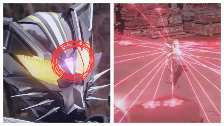 Split image showing a close-up of Kamen Rider Rid’s glowing triangular forehead light on the left and multiple red laser beams converging on an enemy from paw-print markers on the right.