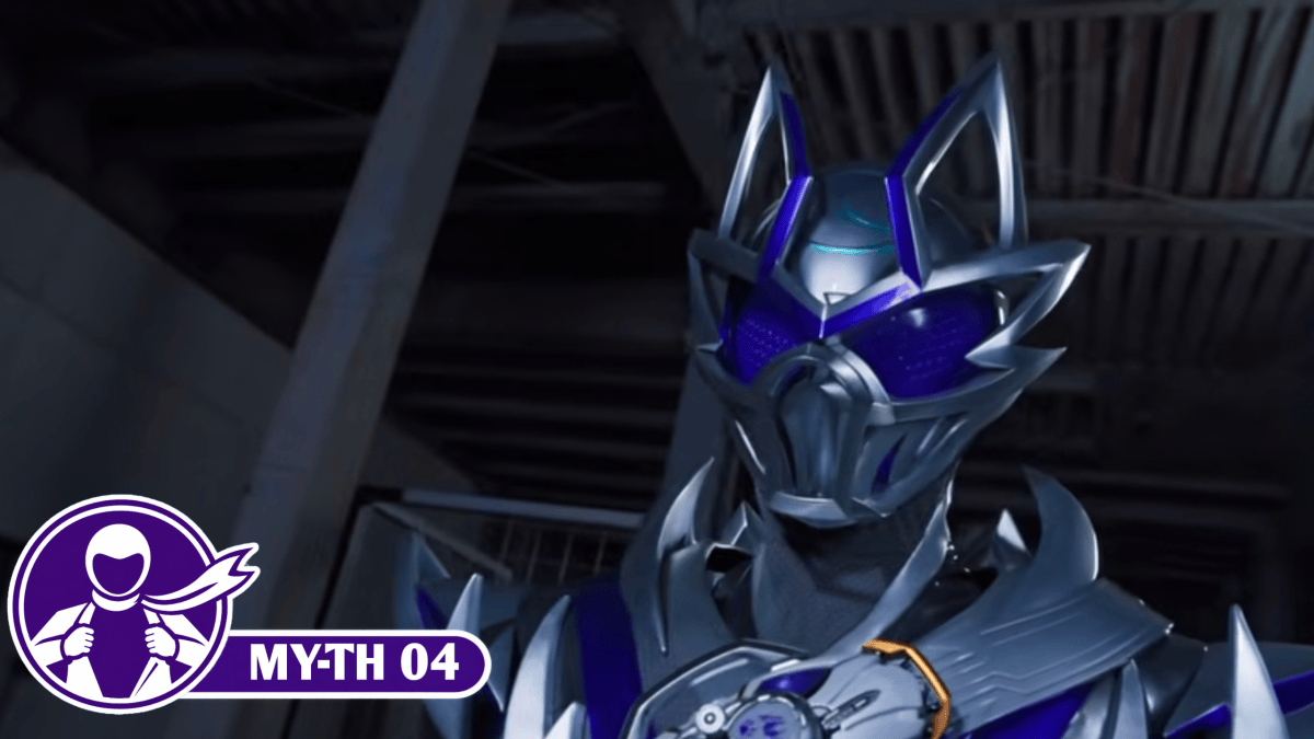 Kamen Rider My-Th in the purple and silver Wolf Frame in Kamen Rider My-Th 04, with a Henshin Inspection episode badge in the lower left.