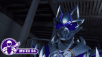 Kamen Rider My-Th in the purple and silver Wolf Frame in Kamen Rider My-Th 04, with a Henshin Inspection episode badge in the lower left.