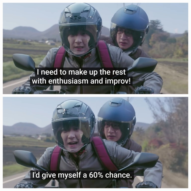 Two screenshots of Sora driving a motorcycle with Asao riding behind him, both wearing helmets. The subtitles read "I need to make up the rest with enthusiasm and improv!" and "I'd give myself a 60% chance."