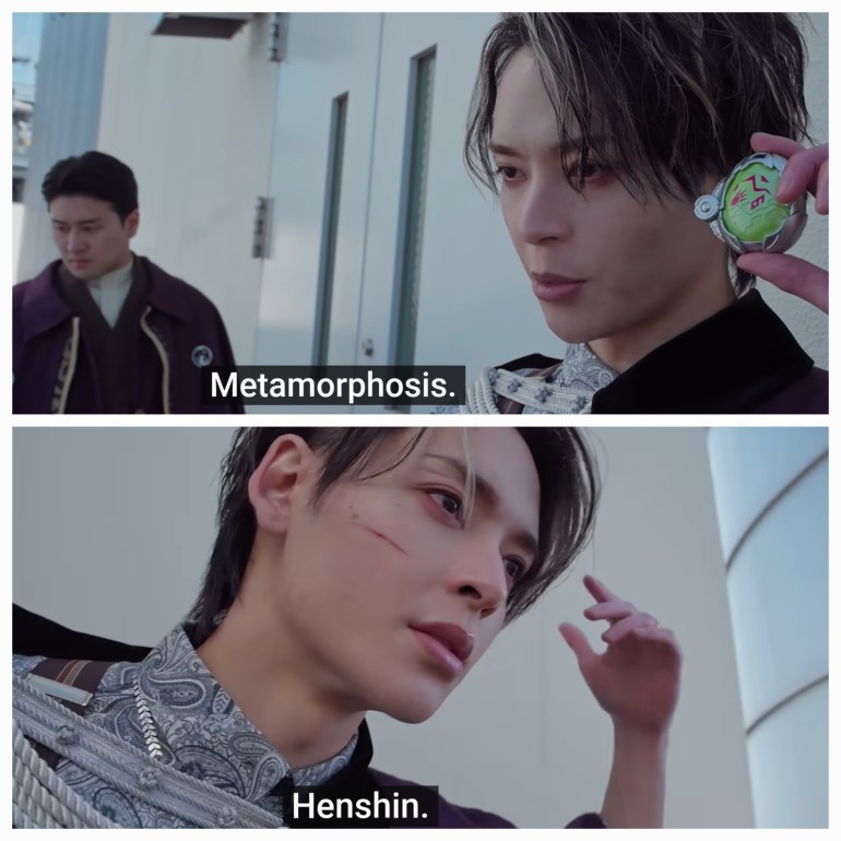 Two screenshots of Jyao from Kamen Rider My-Th 06. Top: Jyao holds a green transformation device beside his face as the subtitle reads "Metamorphosis." Bottom: Jyao raises his hand beside his head as the subtitle reads "Henshin."
