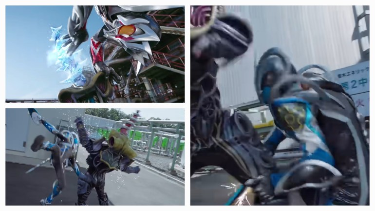 Three-image collage from Kamen Rider My-Th 06 showing My-Th in Eagle Frame fighting a Fukashigi. One image shows him perched high with blue energy effects, another shows an acrobatic midair slash, and the third shows him delivering a low, forceful strike against the monster's leg.