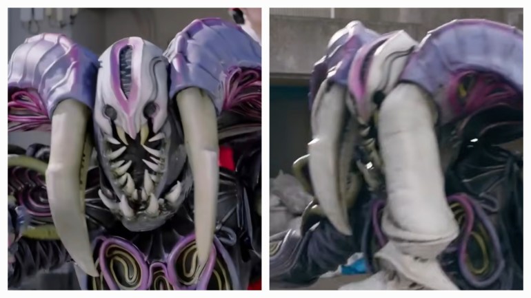 Two images of a purple-and-black monster suit with a tooth-lined face and large ivory tusks, showing frontal and angled views of its head and upper body.