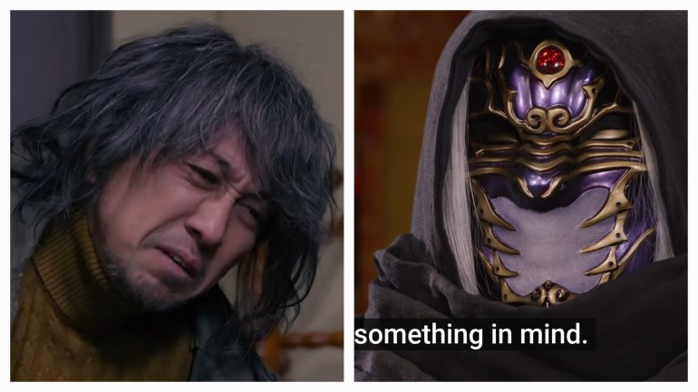 Side-by-side images of a gray-haired man wearing a brown scarf and a hooded figure wearing an ornate purple-and-gold mask with a red jewel.