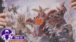 Colorful monster artwork featuring a large red creature with a heart-shaped emblem at the center, surrounded by horned, winged, reptilian, and other fantastical creatures in a ruined landscape.