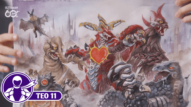 Colorful monster artwork featuring a large red creature with a heart-shaped emblem at the center, surrounded by horned, winged, reptilian, and other fantastical creatures in a ruined landscape.
