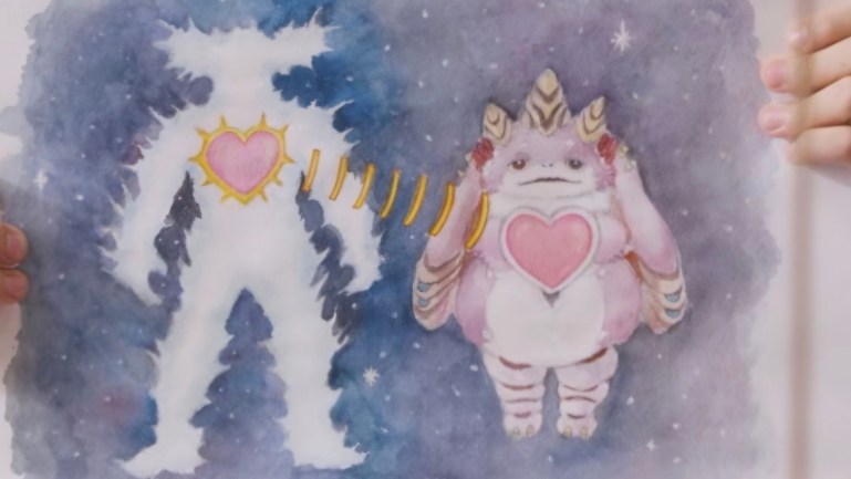 Watercolor illustration of a pink-and-white Pucchi with a heart-shaped emblem on its chest, alongside a pink heart surrounded by yellow rays and curved yellow lines against a blue, starry background.